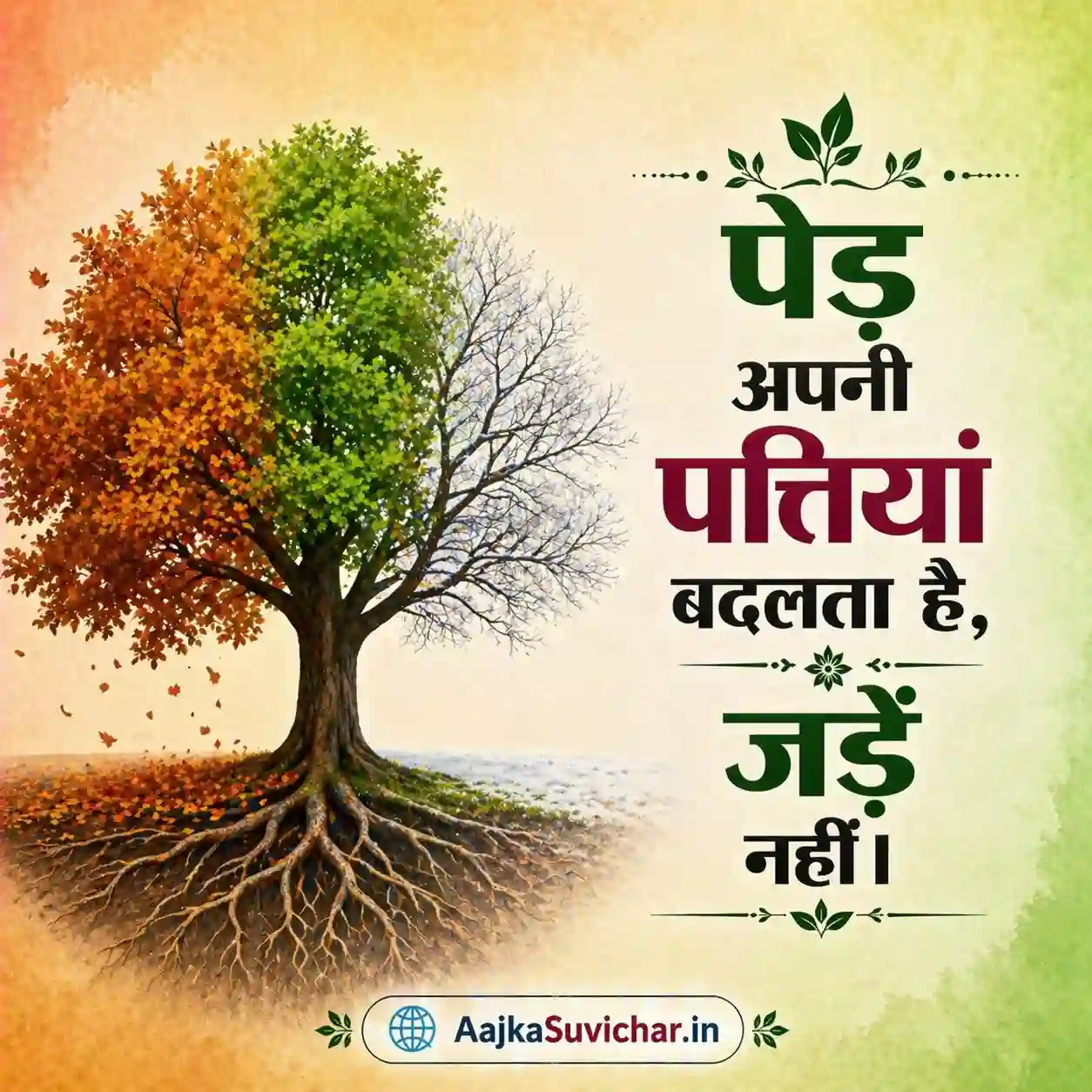 आज का सुविचार - 21 मार्च 2026 : पेड़ अपनी पत्तियां बदलता है, जड़ें नहीं। A tree changes its leaves, not its roots.