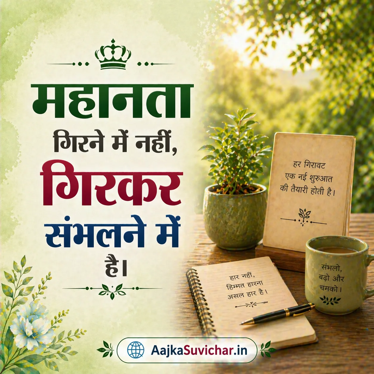 आज का सुविचार - 30 मार्च 2026 : महानता गिरने में नहीं, गिरकर संभलने में है। Greatness is not in never falling, but in rising every time we fall.