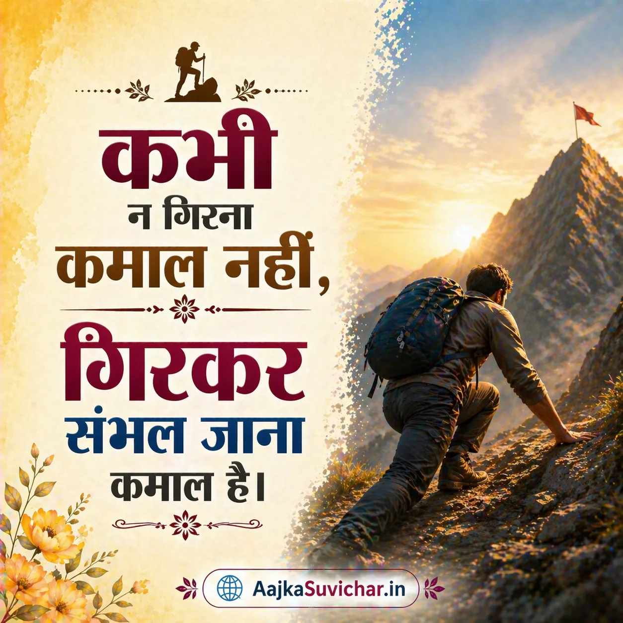 आज का सुविचार - 29 मार्च 2026 : कभी न गिरना कमाल नहीं, गिरकर संभल जाना कमाल है। It is no feat to never fall; the real feat is to rise after every fall.