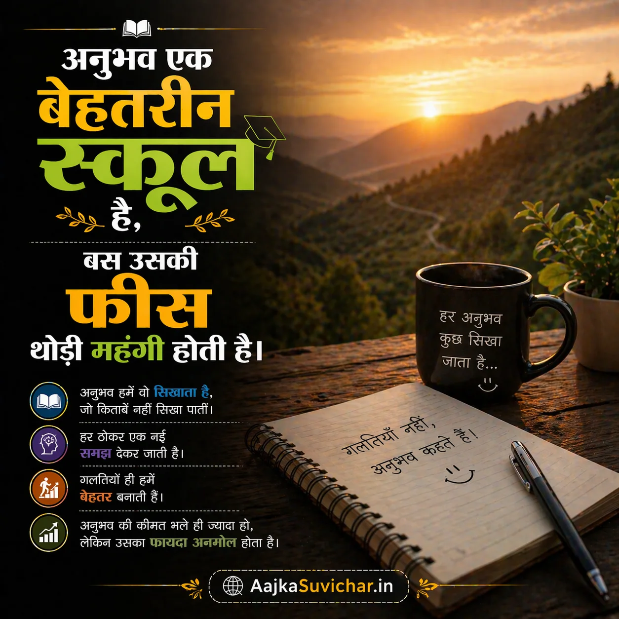 आज का सुविचार - 17 अप्रैल 2026 : अनुभव एक बेहतरीन स्कूल है, बस उसकी फीस थोड़ी महंगी होती है। Experience is a great school, just its fees are a bit expensive.