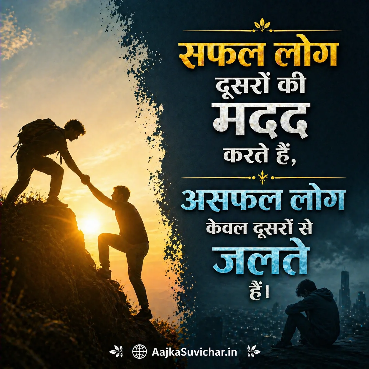 आज का सुविचार - 16 अप्रैल 2026 : सफल लोग दूसरों की मदद करते हैं, असफल लोग केवल दूसरों से जलते हैं। Successful people help others, unsuccessful people only envy them.